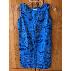 Vintage 1960s Hawaiiana Sz 10 Sleeveless Hawaiian Dress Deep Blue Waikiki